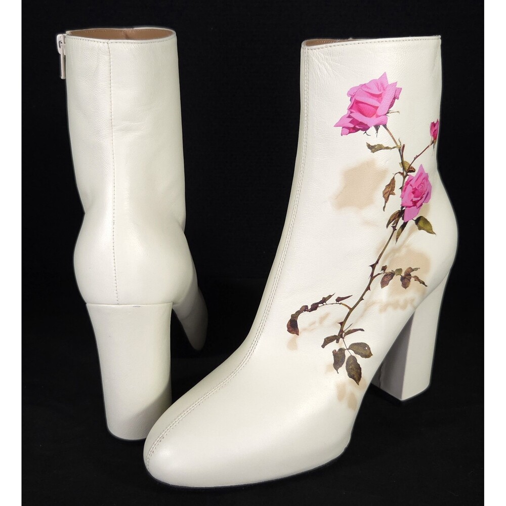 Dries Van Noten Rose Print Leather Ankle Boots US 7.5 EU 37.5 Womens Ivory $1150